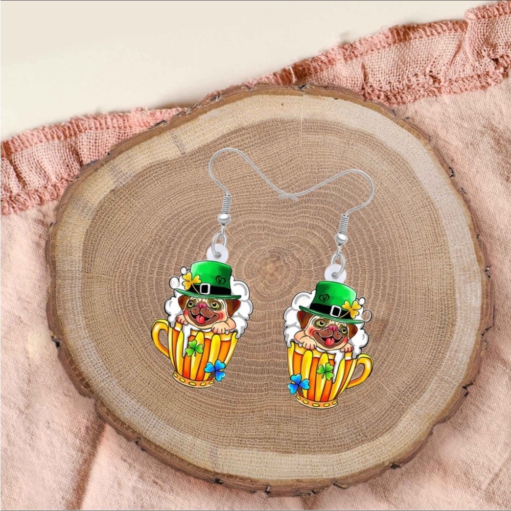 St Patrick’s Day Pug Dog in Beer Cup Earrings